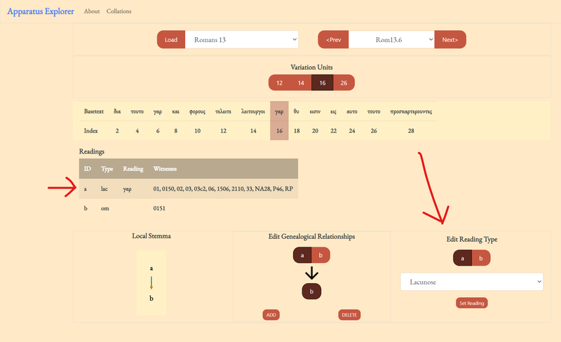 apparatus explorer with arrow pointing to reading type editor and to updated reading