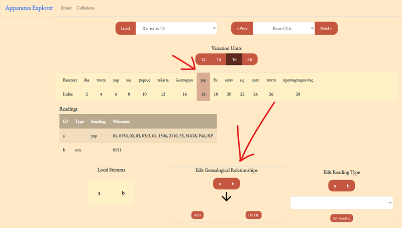 apparatus explorer with arrow pointing to selected unit and local stemma editor.png